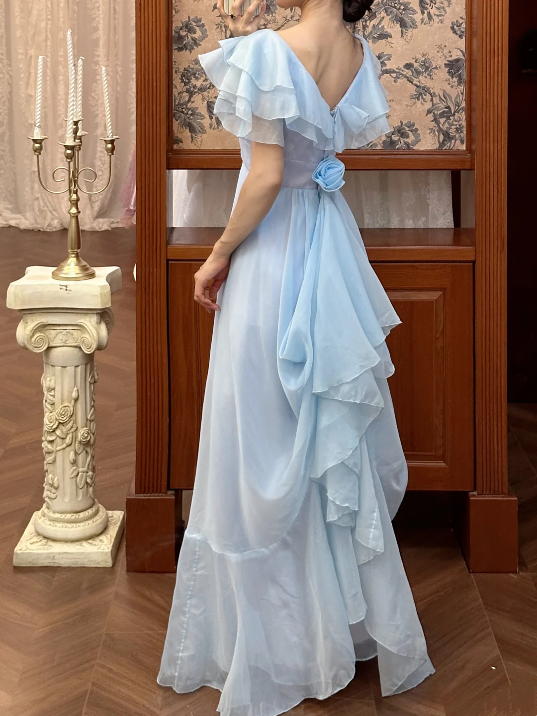 A Line Blue Chiffon Prom Dress Modest Evening Dress With Ruffled Sleeves J9619