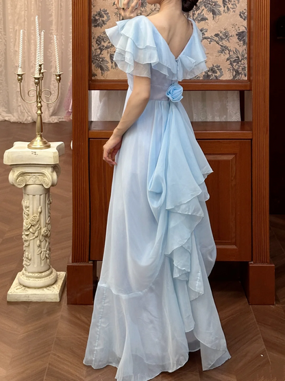 A Line Blue Chiffon Prom Dress Modest Evening Dress With Ruffled Sleeves J9619