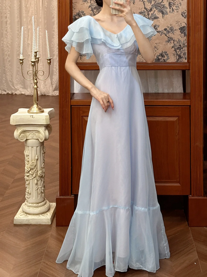 A Line Blue Chiffon Prom Dress Modest Evening Dress With Ruffled Sleeves J9619