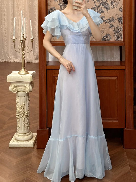 A Line Blue Chiffon Prom Dress Modest Evening Dress With Ruffled Sleeves J9619