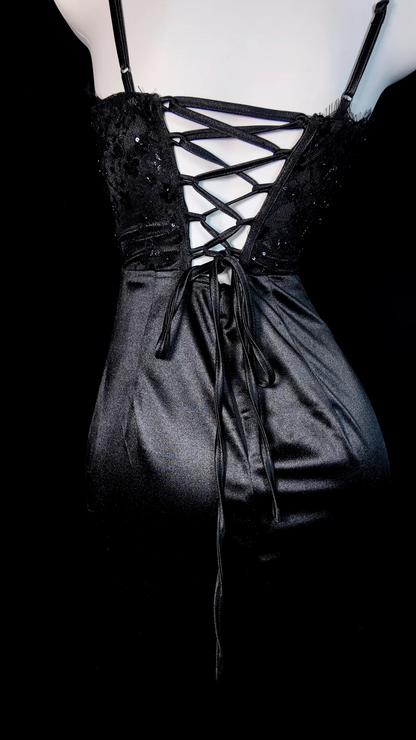 Spaghetti Straps Black Mermaid Prom Dress Satin Evening Dress J9623