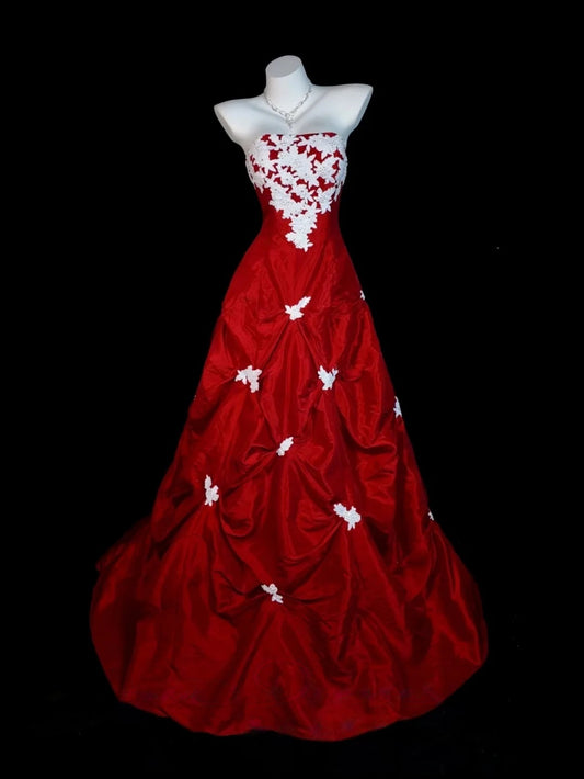 Strapless Red Satin Prom Dress With Appliques A Line Formal Dress J9624