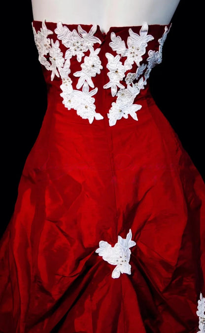 Strapless Red Satin Prom Dress With Appliques A Line Formal Dress J9624