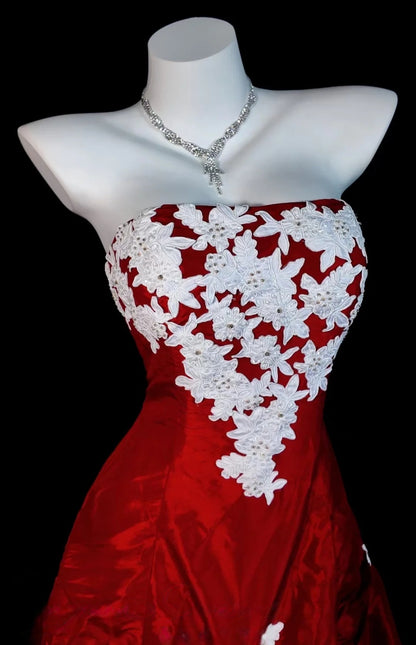 Strapless Red Satin Prom Dress With Appliques A Line Formal Dress J9624