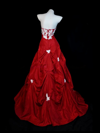 Strapless Red Satin Prom Dress With Appliques A Line Formal Dress J9624