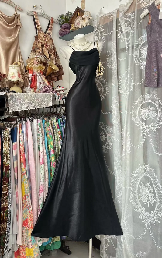 Spaghetti Straps Black Retro Prom Dress Mermaid Satin Evening Dress J9628