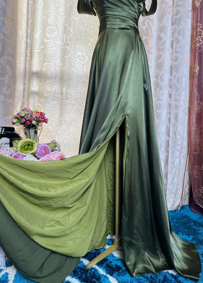 Off The Shoulder Green Satin Prom Dress A Line Slit Evening Dress J9630
