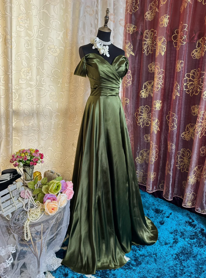 Off The Shoulder Green Satin Prom Dress A Line Slit Evening Dress J9630