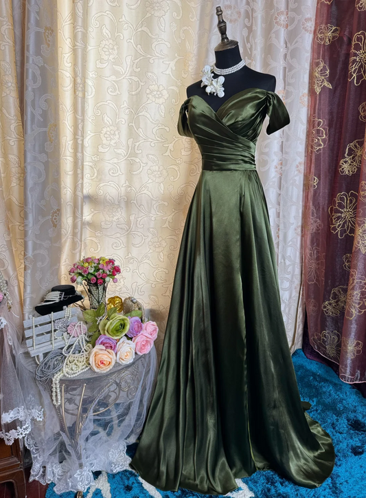 Off The Shoulder Green Satin Prom Dress A Line Slit Evening Dress J9630