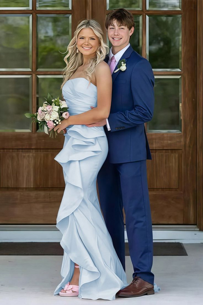 Baby Blue Strapless Satin Ruffled Long Prom Dresses With Slit  J9632
