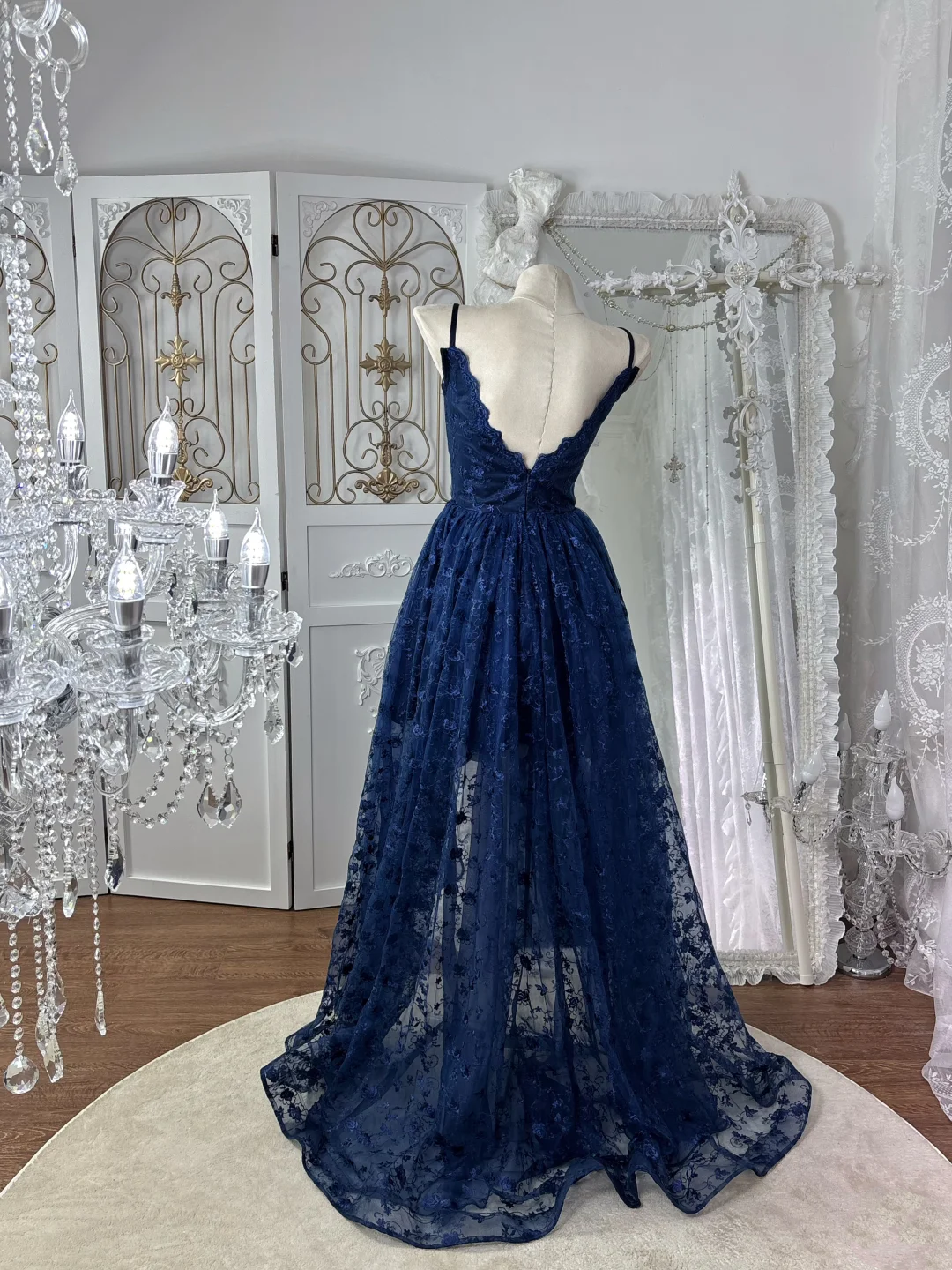 Navy Blue Lace A Line Prom Dress V Neck Formal Dress  J9640