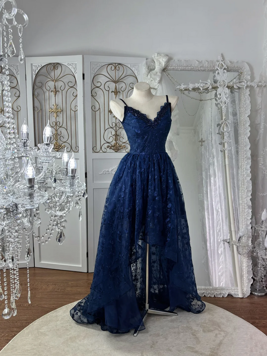 Navy Blue Lace A Line Prom Dress V Neck Formal Dress  J9640