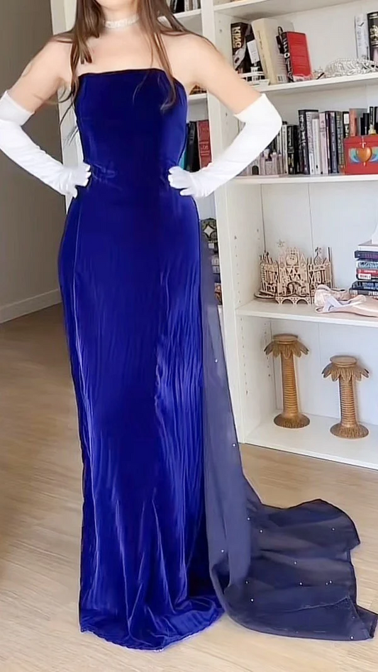 Velvet Royal Blue Sheath Prom Dress Retro Evening Gown  J9648