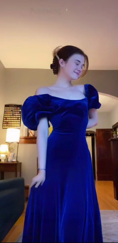 Royal Blue Velvet Prom Dress Off The Shoulder Evening Dresses   J9649