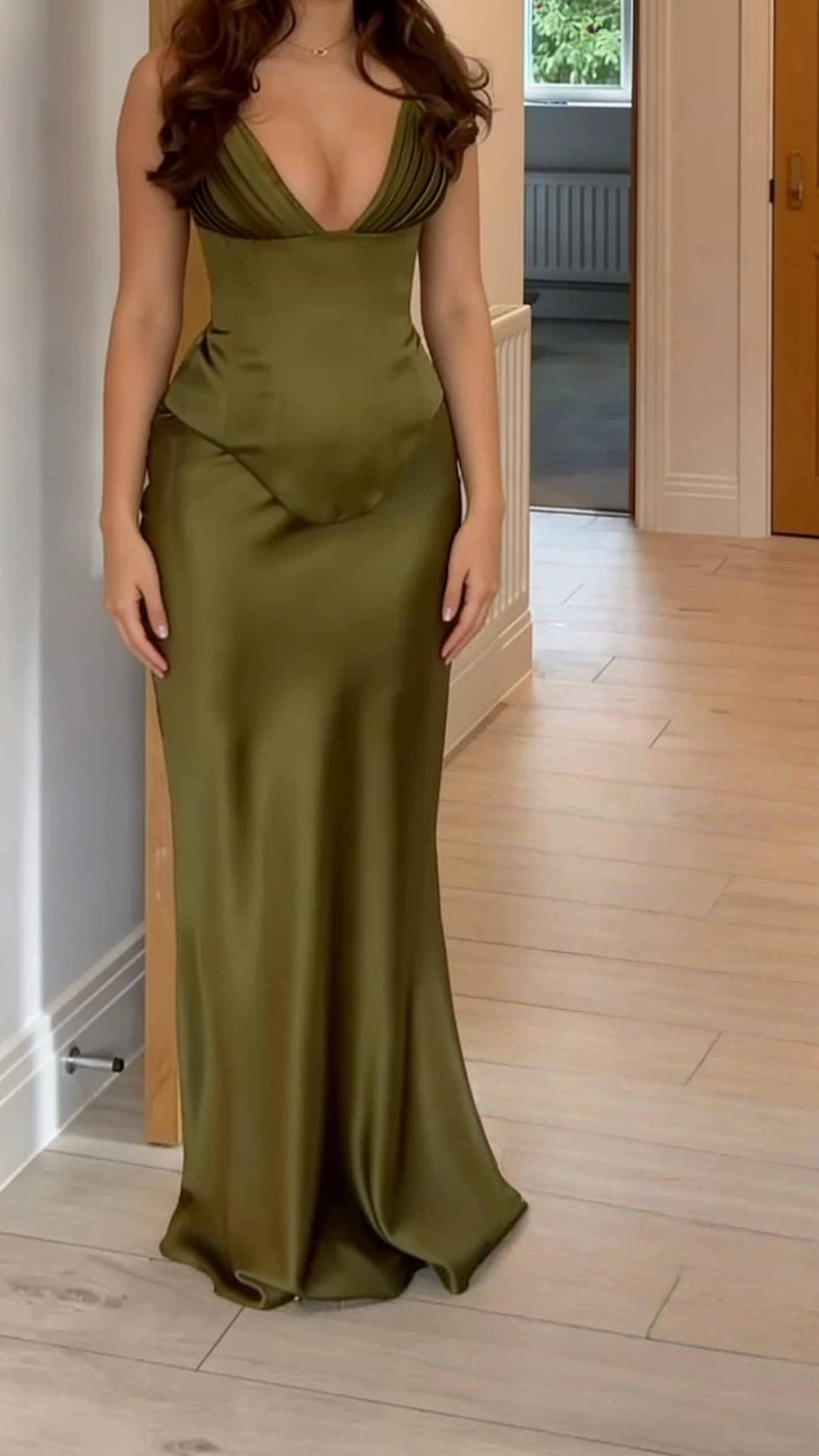 V Neck Green Satin Sheath Long Prom Dress  J9660