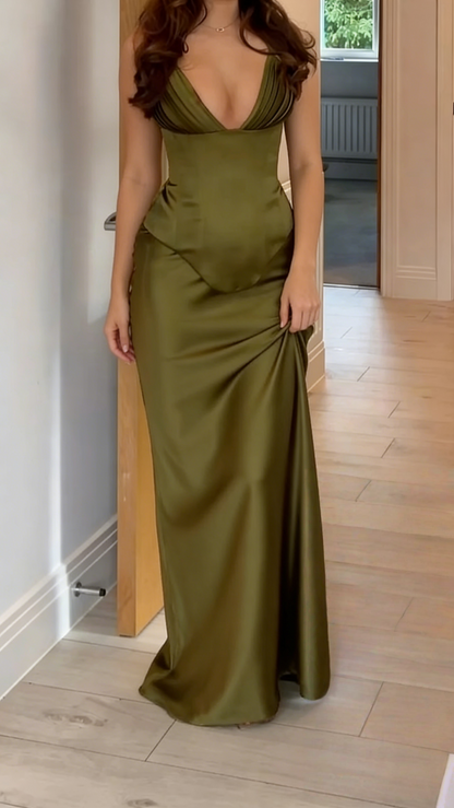 V Neck Green Satin Sheath Long Prom Dress  J9660
