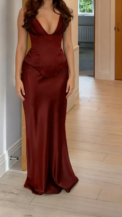 V Neck Green Satin Sheath Long Prom Dress  J9660