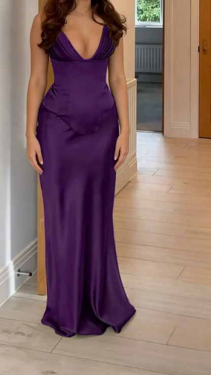 V Neck Green Satin Sheath Long Prom Dress  J9660