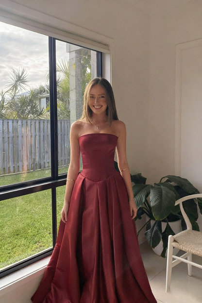 Strapless Wine Red Pleated Long Dress with Slit J9661 – JulyProm