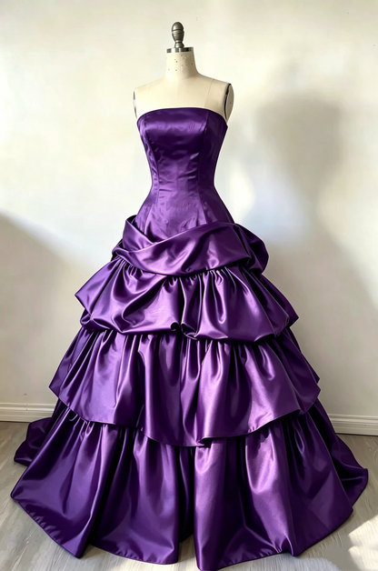Robe de bal bustier violette en satin avec appliques, robe de soirée formelle J9413