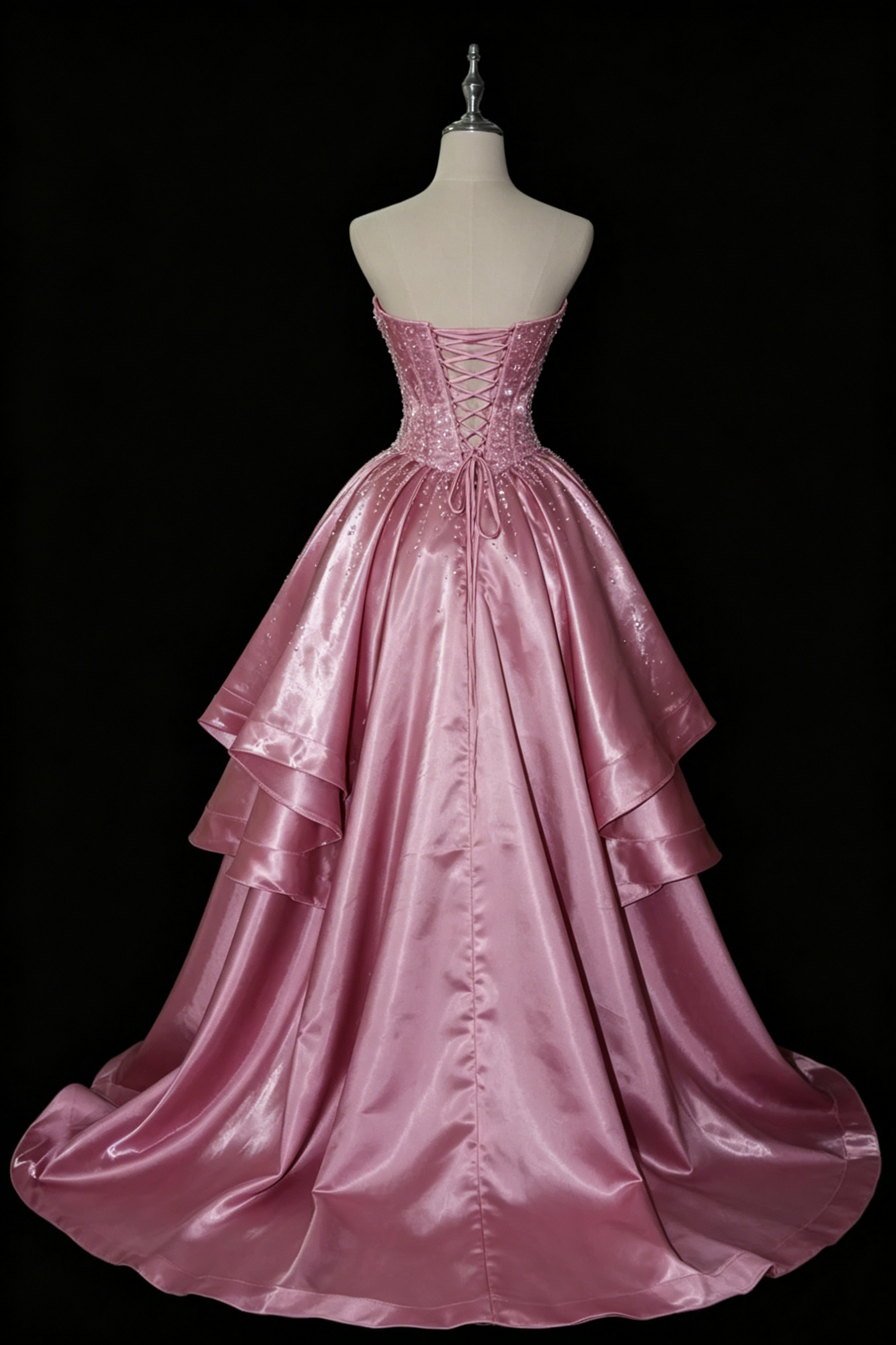 Strapless A Line Pink Satin Prom Dress Beading High Low Birthday Dress  J9734
