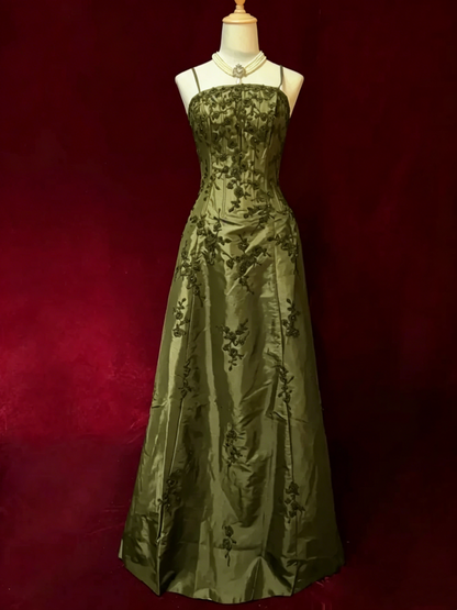 Spaghetti Straps A Line Black Prom Dress Appliques Vintage Dress J9787