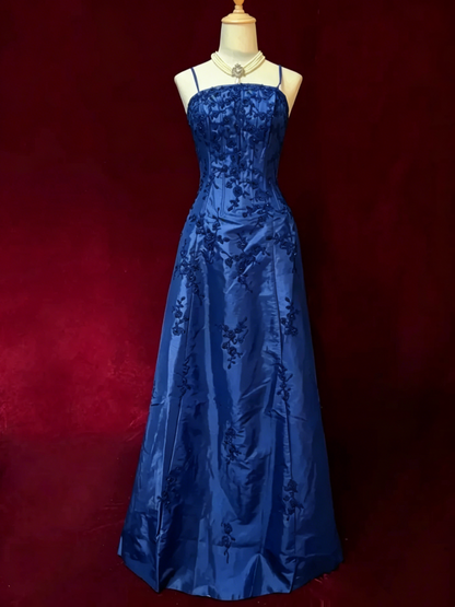 Spaghetti Straps A Line Black Prom Dress Appliques Vintage Dress J9787