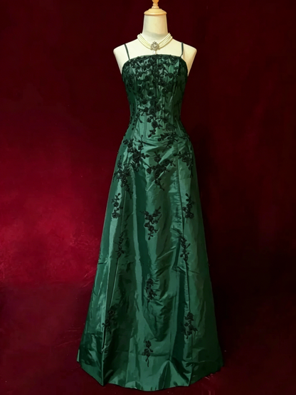 Spaghetti Straps A Line Black Prom Dress Appliques Vintage Dress J9787
