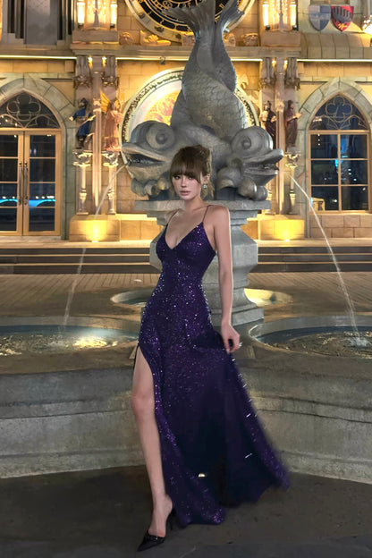 Spaghetti Strap Purple Sequin Prom Dress A Line Formal Dress  J9910
