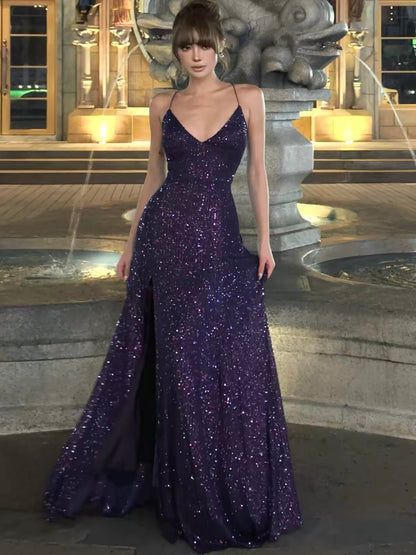 Spaghetti Strap Purple Sequin Prom Dress A Line Formal Dress  J9910