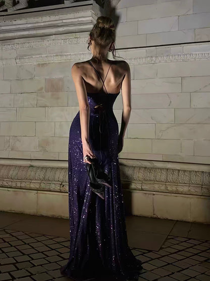 Spaghetti Strap Purple Sequin Prom Dress A Line Formal Dress  J9910