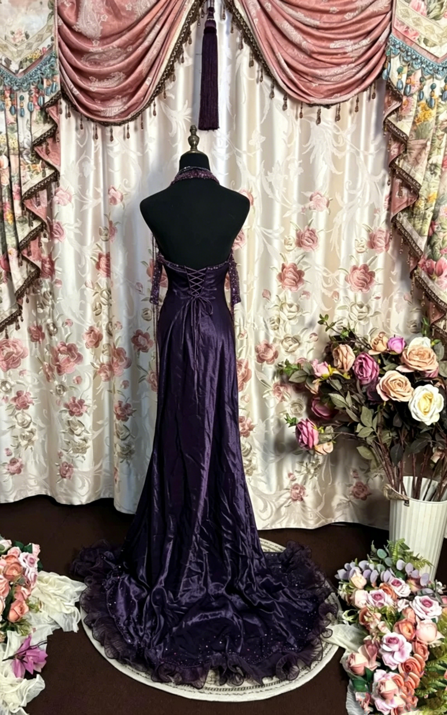 Robe de bal bustier violette en satin avec appliques, robe de soirée formelle J9413