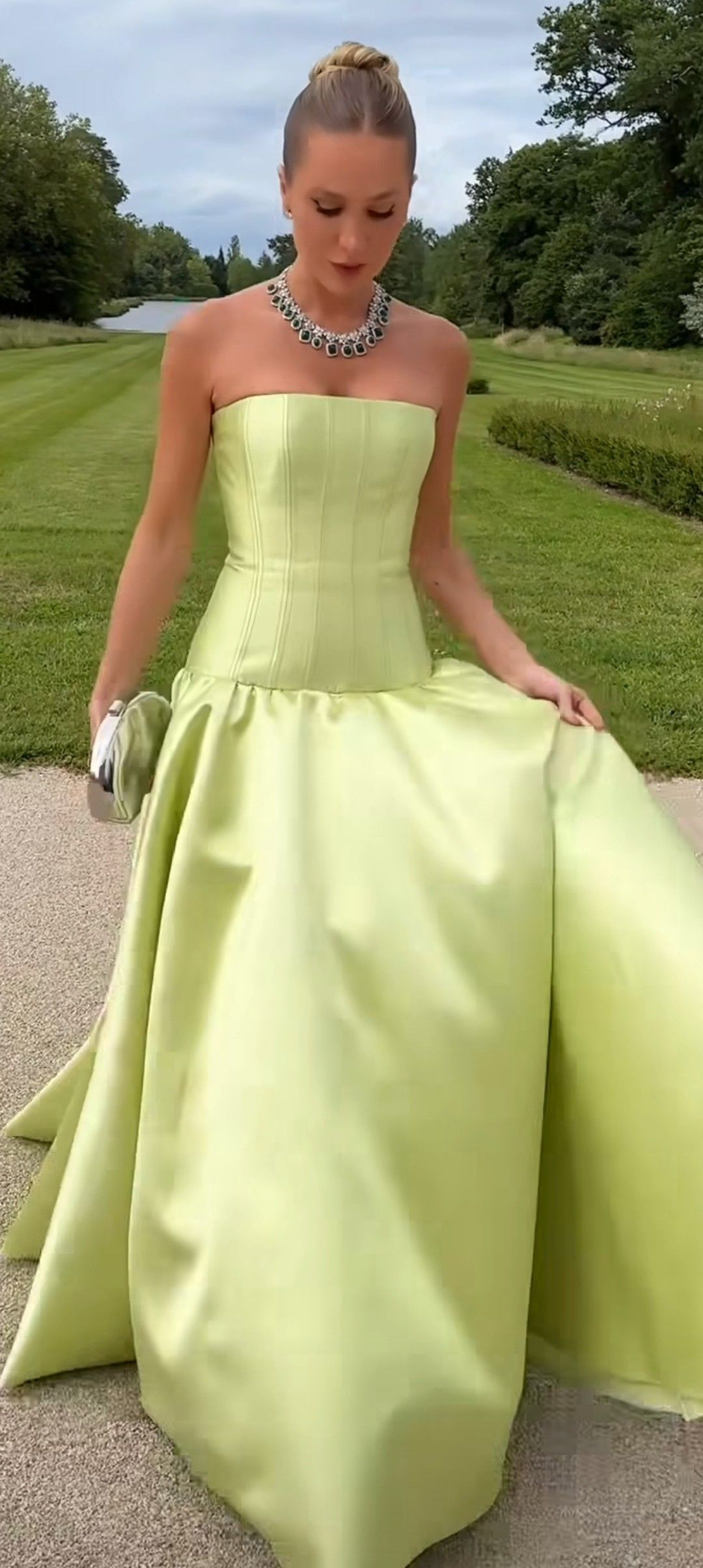 Strapless A Line Green Satin Prom Dress Formal Wedding Guest Dress  J9963