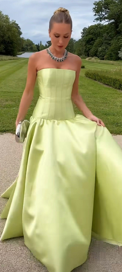 Strapless A Line Green Satin Prom Dress Formal Wedding Guest Dress  J9963