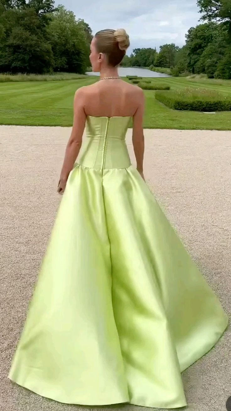 Strapless A Line Green Satin Prom Dress Formal Wedding Guest Dress  J9963