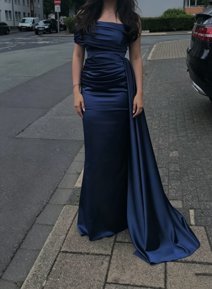 Off The Shoulder Navy Blue Satin Prom Dress Sheath Evening Dress J9995