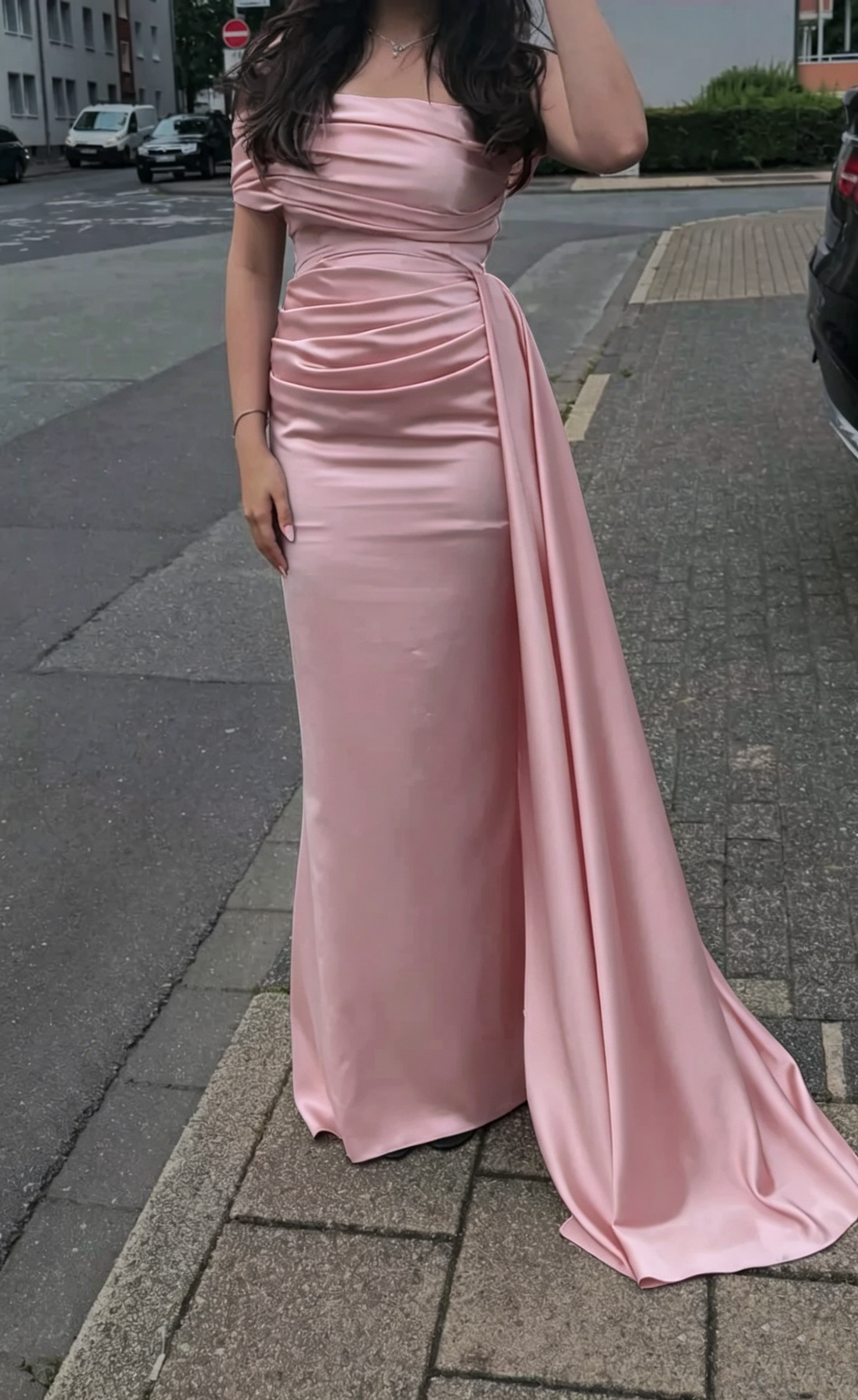 Off The Shoulder Navy Blue Satin Prom Dress Sheath Evening Dress J9995