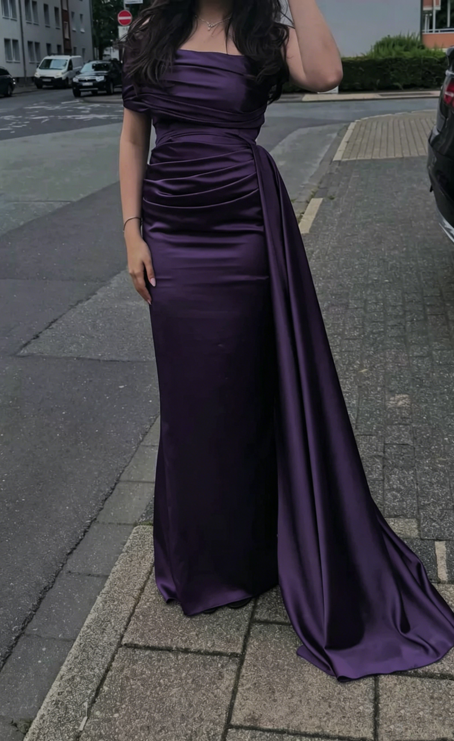 Off The Shoulder Navy Blue Satin Prom Dress Sheath Evening Dress J9995