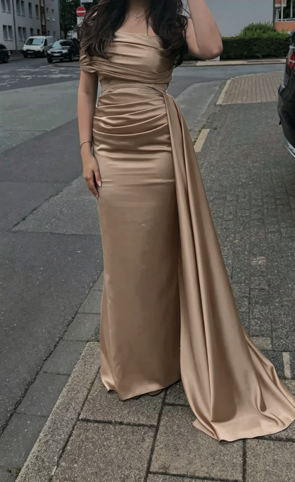 Off The Shoulder Navy Blue Satin Prom Dress Sheath Evening Dress J9995