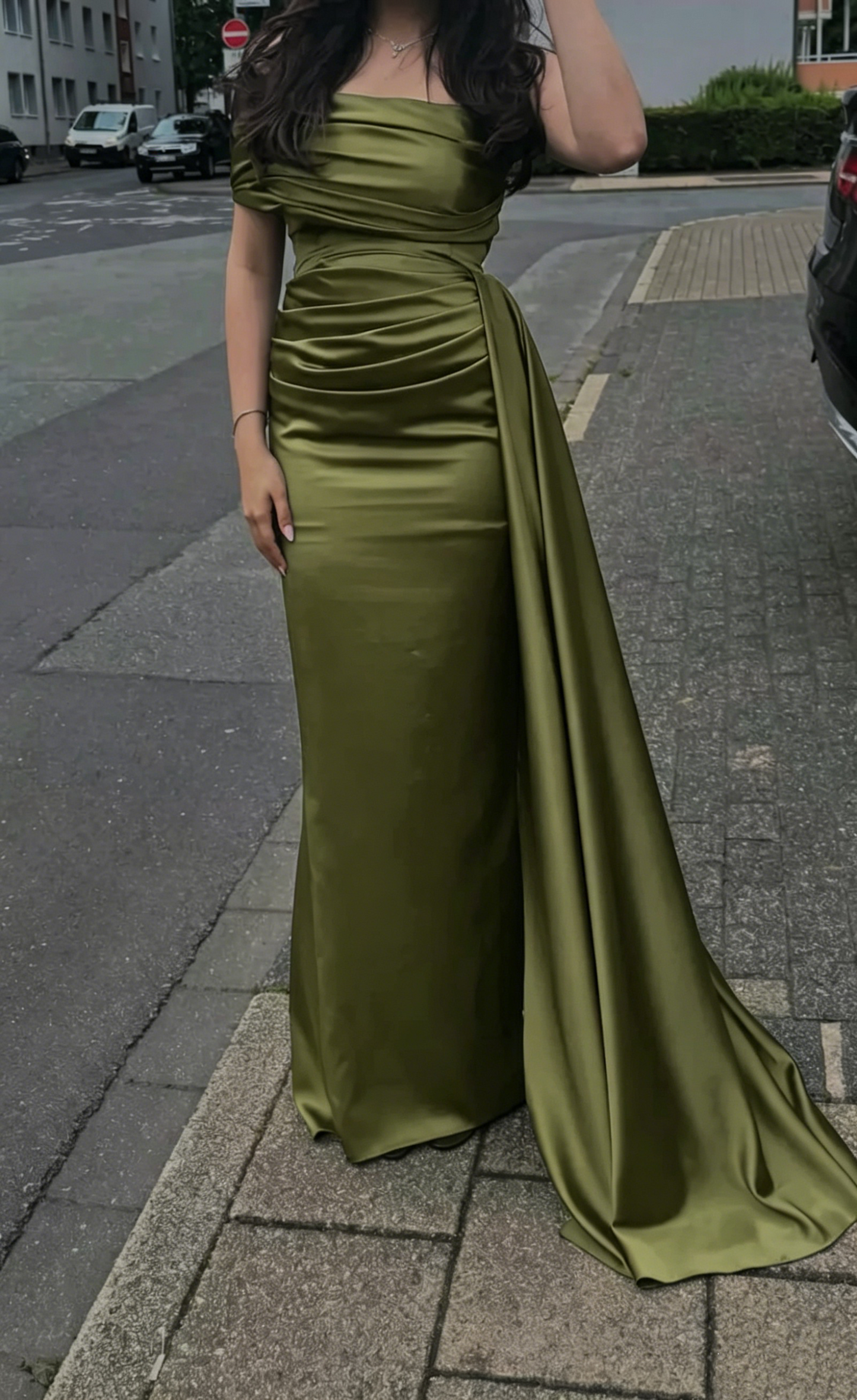 Off The Shoulder Navy Blue Satin Prom Dress Sheath Evening Dress J9995
