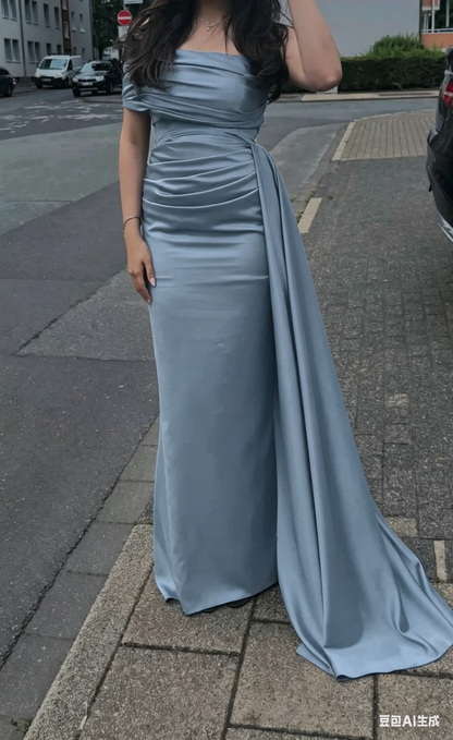 Off The Shoulder Navy Blue Satin Prom Dress Sheath Evening Dress J9995