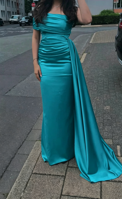 Off The Shoulder Navy Blue Satin Prom Dress Sheath Evening Dress J9995