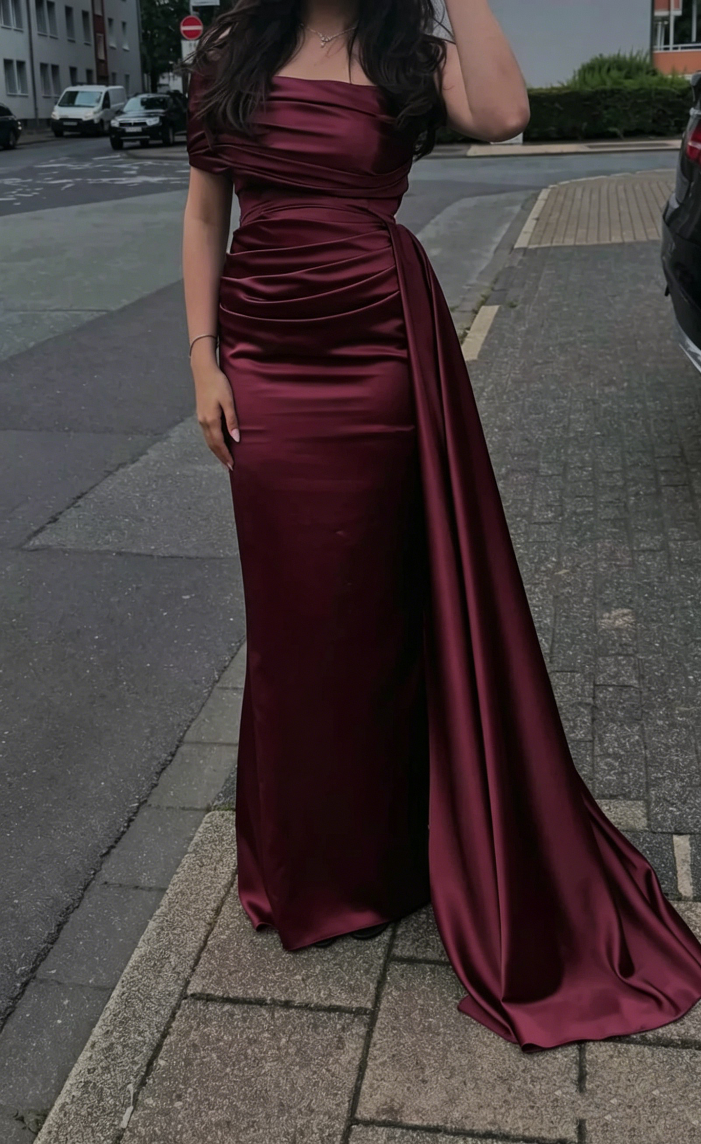Off The Shoulder Navy Blue Satin Prom Dress Sheath Evening Dress J9995