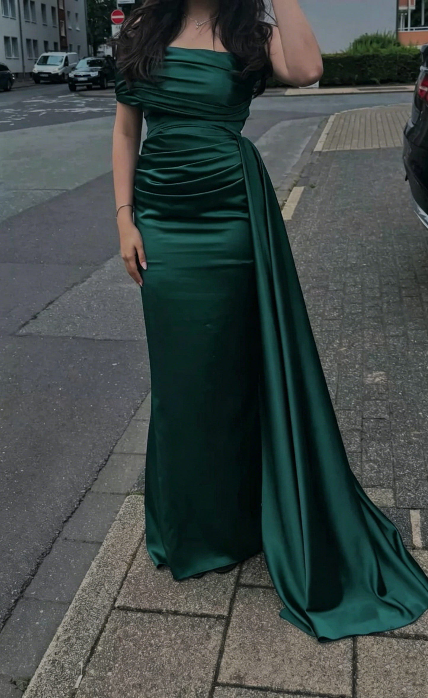 Off The Shoulder Navy Blue Satin Prom Dress Sheath Evening Dress J9995