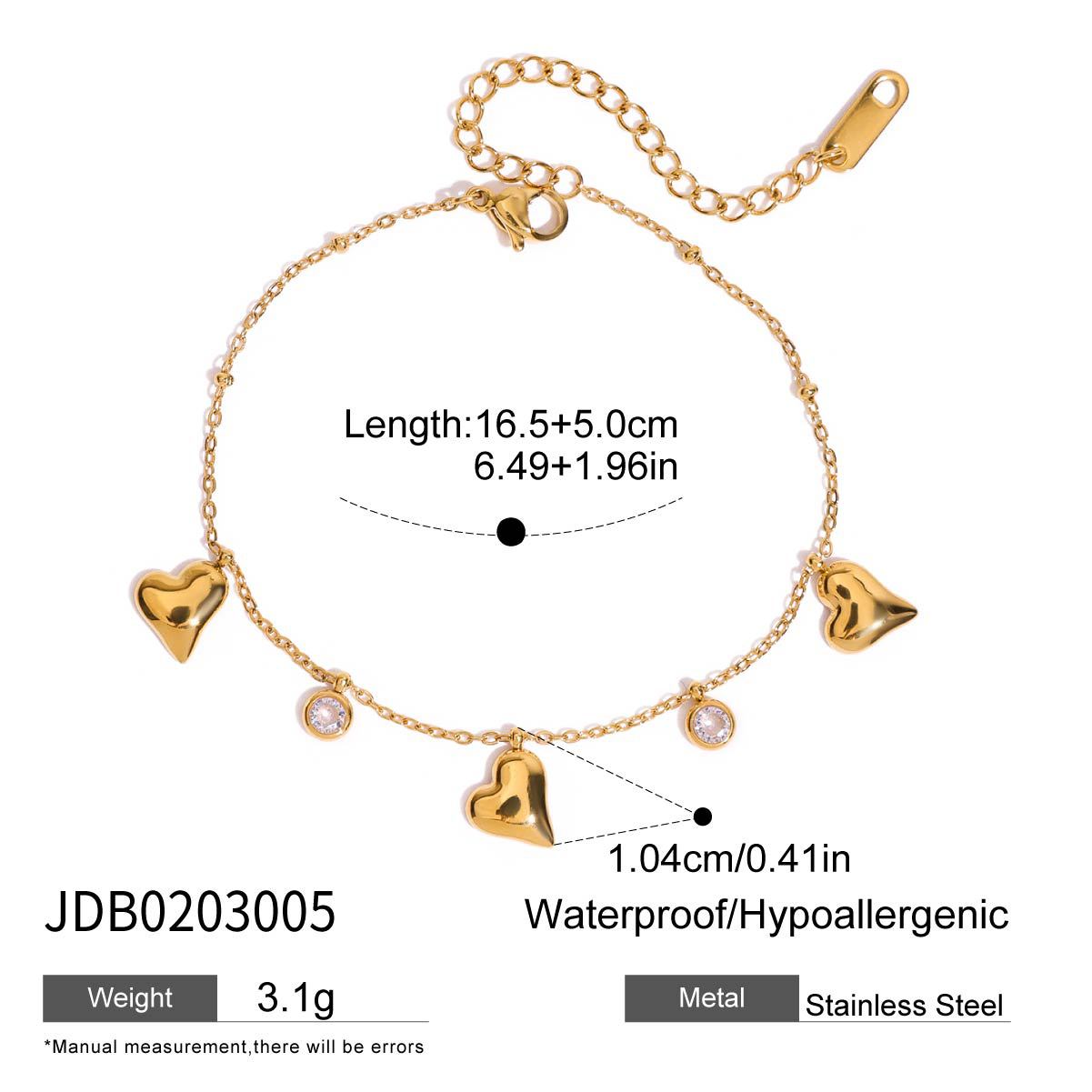 Bracelet en acier inoxydable avec zircons et motif cœur et papillon G40
