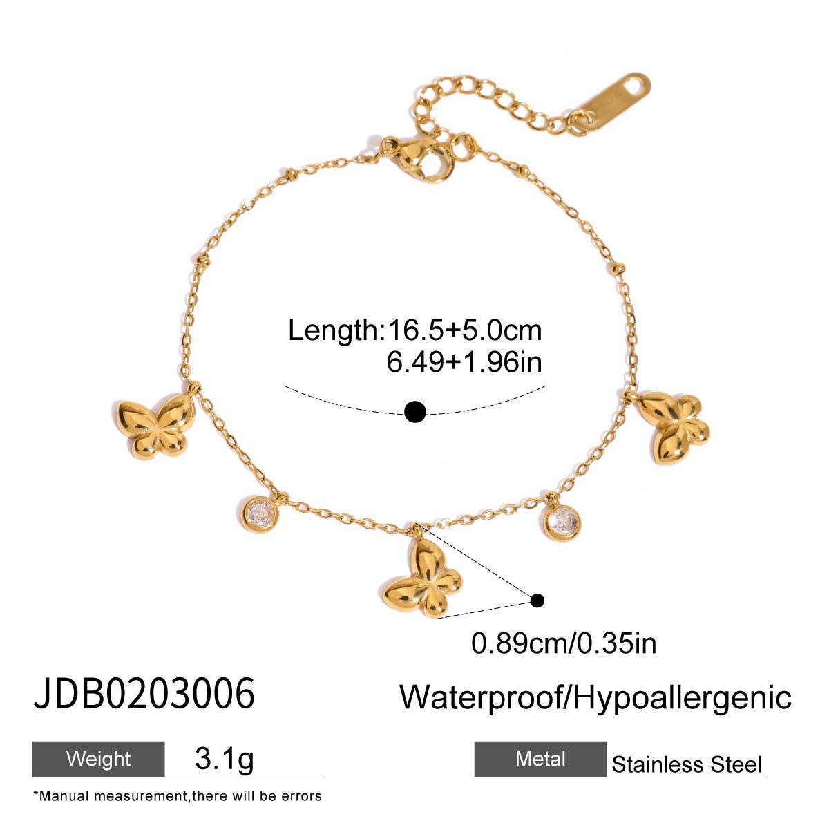 Bracelet en acier inoxydable avec zircons et motif cœur et papillon G40