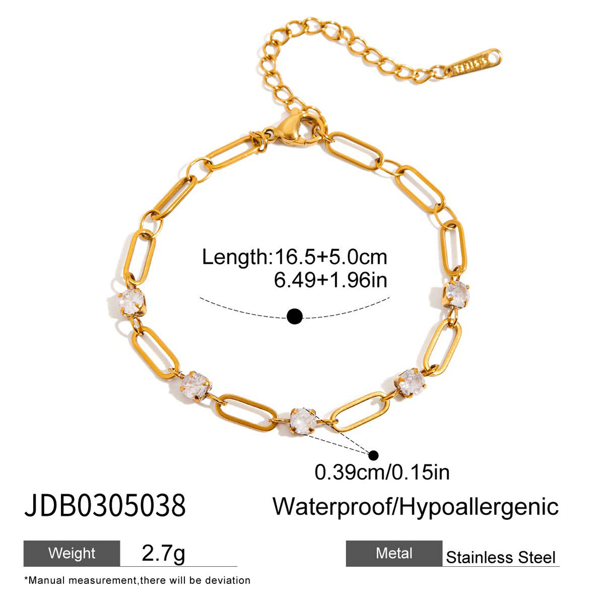 Bracelet en acier inoxydable doré avec strass G38