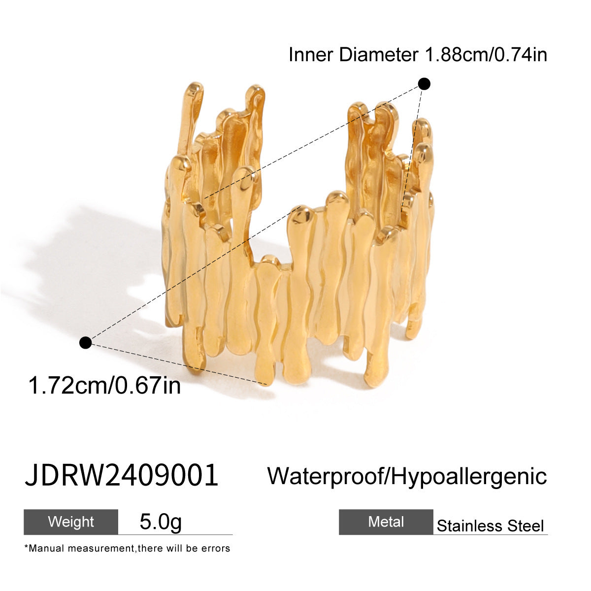 Bague irrégulière en acier inoxydable doré, bague réglable G20