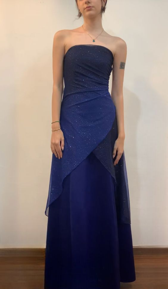 Strapless A Line Navy Shiny Tulle Prom Dress Vintage Party Dress 2470