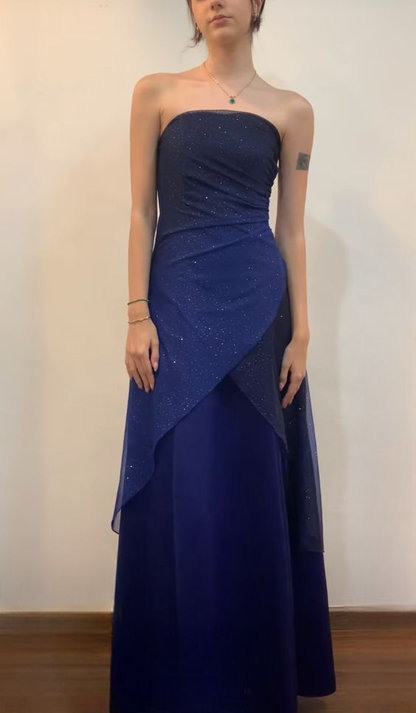 Trägerloses A-Linien-Ballkleid aus glänzendem Tüll in Marineblau, Vintage-Partykleid 2470